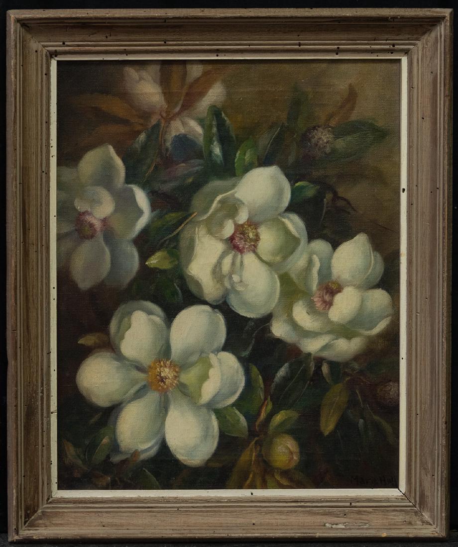 Marie Hull (Mississippi1890 - 1980) "Flowers": Marie Hull (1890 - 1980) Marie Atkinson Hull was active/lived in Mississippi. Marie Hull is known for portrait and landscape painting, illustration. "Flowers" Signed lower right Oil on Canvas Painting