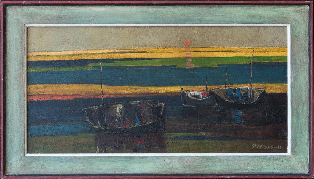 Raimonds Staprans (1926-?) Seascape Oil: Raimonds Staprans (1926-?) Porfirio Salinas was active/lived in Texas. Porfirio Salinas is known for landscape, structure, and genre painting. "Seascape Scene" Signed lower right Oil on Board Painting