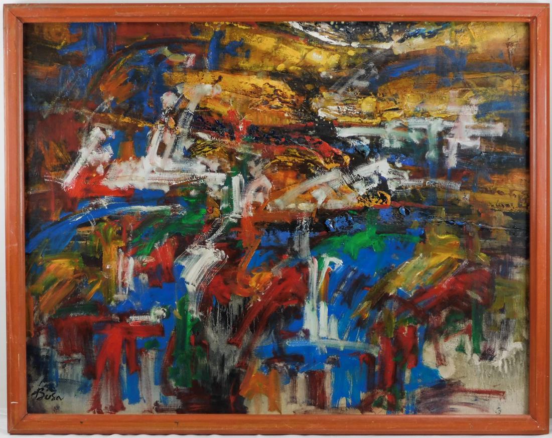 Peter Busa (PA 1914 - 1985) Oil: Peter Busa (1914 - 1985) Peter Busa was active/lived in Pennsylvania. Peter Busa is known for abstract landscape painting, Indian totemic. Untitled Abstract Signed lower left Oil on Canvas Painting Si