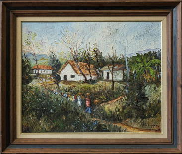 Chinese/Singapore Artist Liu Kang 1911-2005 Original: Chinese/Singapore Artist Liu Kang 1911-2005 Original Oil "Village Landscape" Oil on Board Painting Size: 16 By 20 inches. Frame Size: 21 by 25 inches. Created in 1950's CONDITION Good Condition Liu Ka