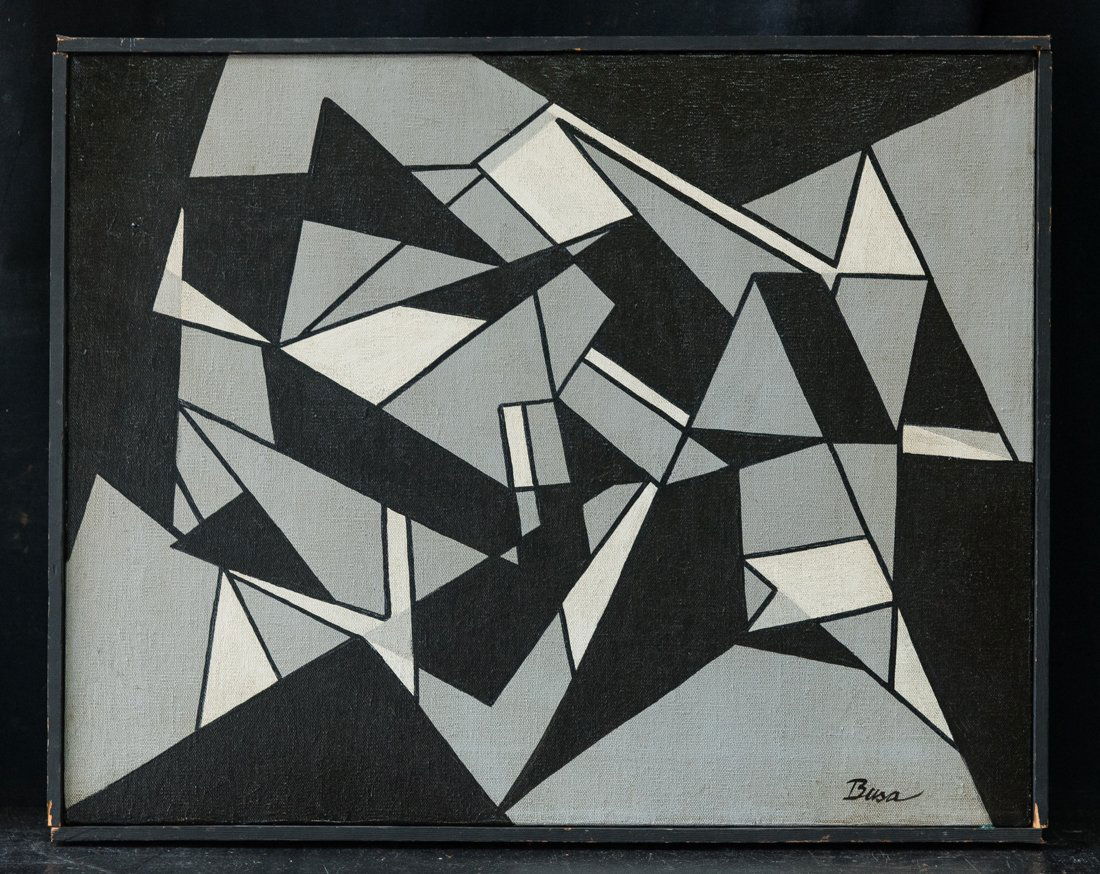 Peter Busa (1914 - 1985) New York, Illinois Artist Oil: Peter Busa (1914 - 1985) Peter Busa was active/lived in Pennsylvania. Peter Busa is known for abstract landscape painting, Indian totemic. Signed Lower Left Oil on Canvas Painting Size: 16" x 20". Fra