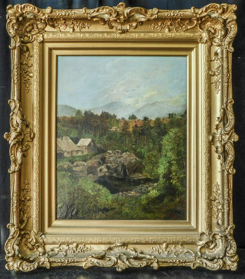 David Johnson (New York 1827 - 1908) | Oil / Canvas: Item Overview Description: DAVID JOHNSON (american 1827â€“1908) "Forest and Houses" Signed and dated 'D. Johnson/1883' bottom right, oil on canvas board. Painting size: 20 x 16 in. Frame size: 30