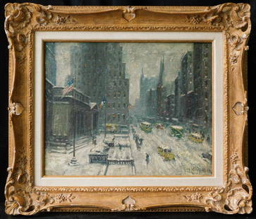 Guy Carleton Wiggins (New York, Connecticut, Florida: Item Overview Description: GUY CARLETON WIGGINS American (1883-1962) "NYC Winter" Oil on canvas, signed lower right "Guy Wiggins N.A.," Painting size: 16 x 20 inches, frame size: 24 x 28 inches Proven