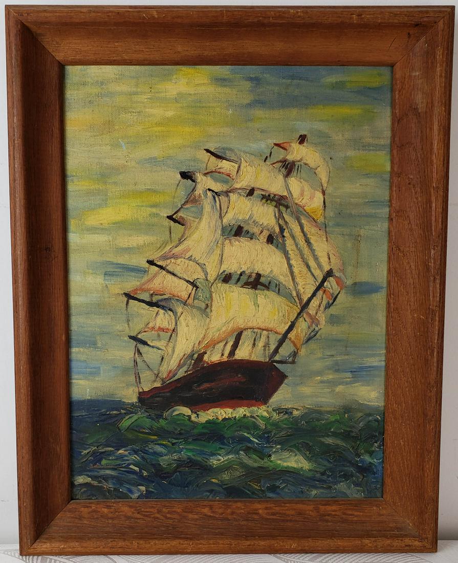 Oil Painting on Board Seascape Sail Ship: Oil Painting on Board Seascape Sail Ship Signed on Back Oil on Artist Board Painting Size: 16" x 12" Frame Size: 19" x 15" Dated 1959 CONDITION Good Condition PROVENANCE Private Collection from New Je