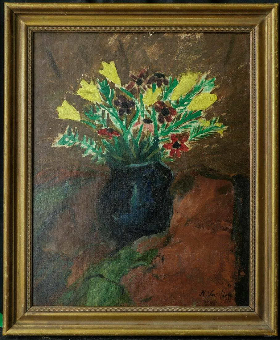 Nicolai Vasilieff (Massachusetts, New York / Russia: Item Overview Description: NIKOLAI IVANOVICH VASILIEFF Russian/American 1892-1970 Flowers in a Vase Oil on board, signed lower right. Painting size: 20 x 16 inches, frame size: 23 1/2 x 19 1/2. Proven