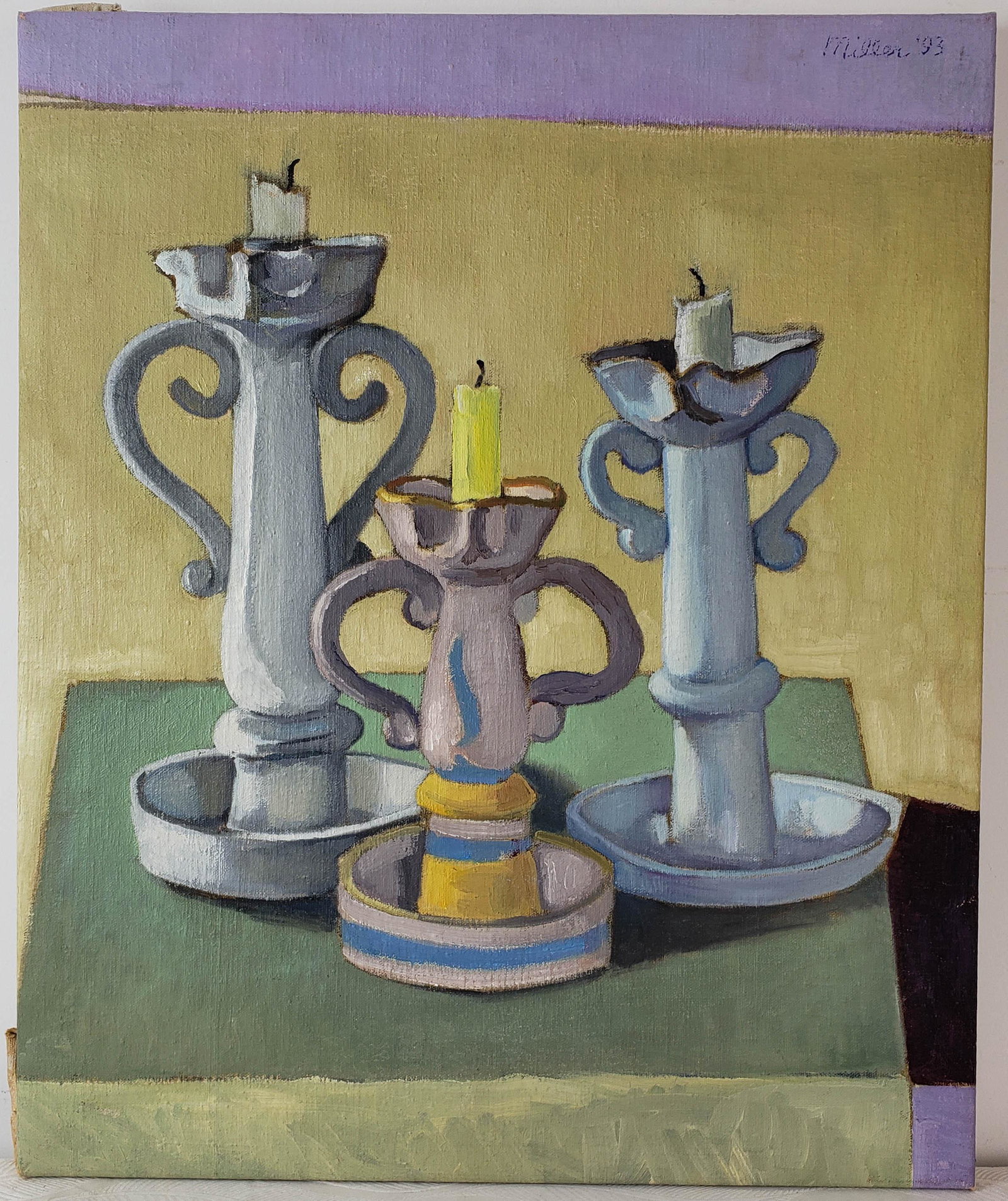 Oil on Canvas Still Life Candles: Oil Painting on Canvas Still Life Candles Signed Top Right (Miller) Oil on Canvas Painting Size: 23" x 19" Frame Size: Unframed Dated 1993 CONDITION Good Condition PROVENANCE Private Collection from N