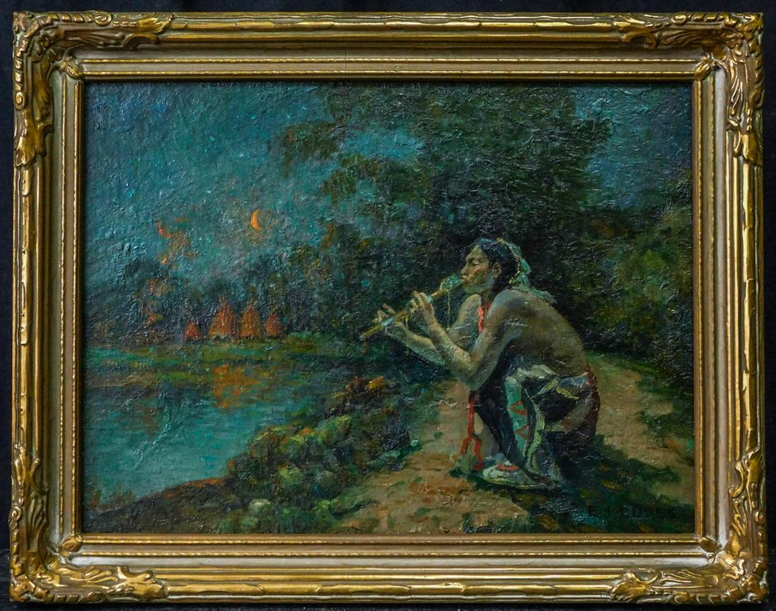 Eanger Irving Couse (1866 - 1936) (ATTB.) Oil: Eanger Irving Couse (ATTB.1866 - 1936) Signed Lower Right Oil on Artist Board Painting Size: 12" x 16" Frame Size: 15" x 19" CONDITION Good Condition Biography from the Archives of askART Biography ph