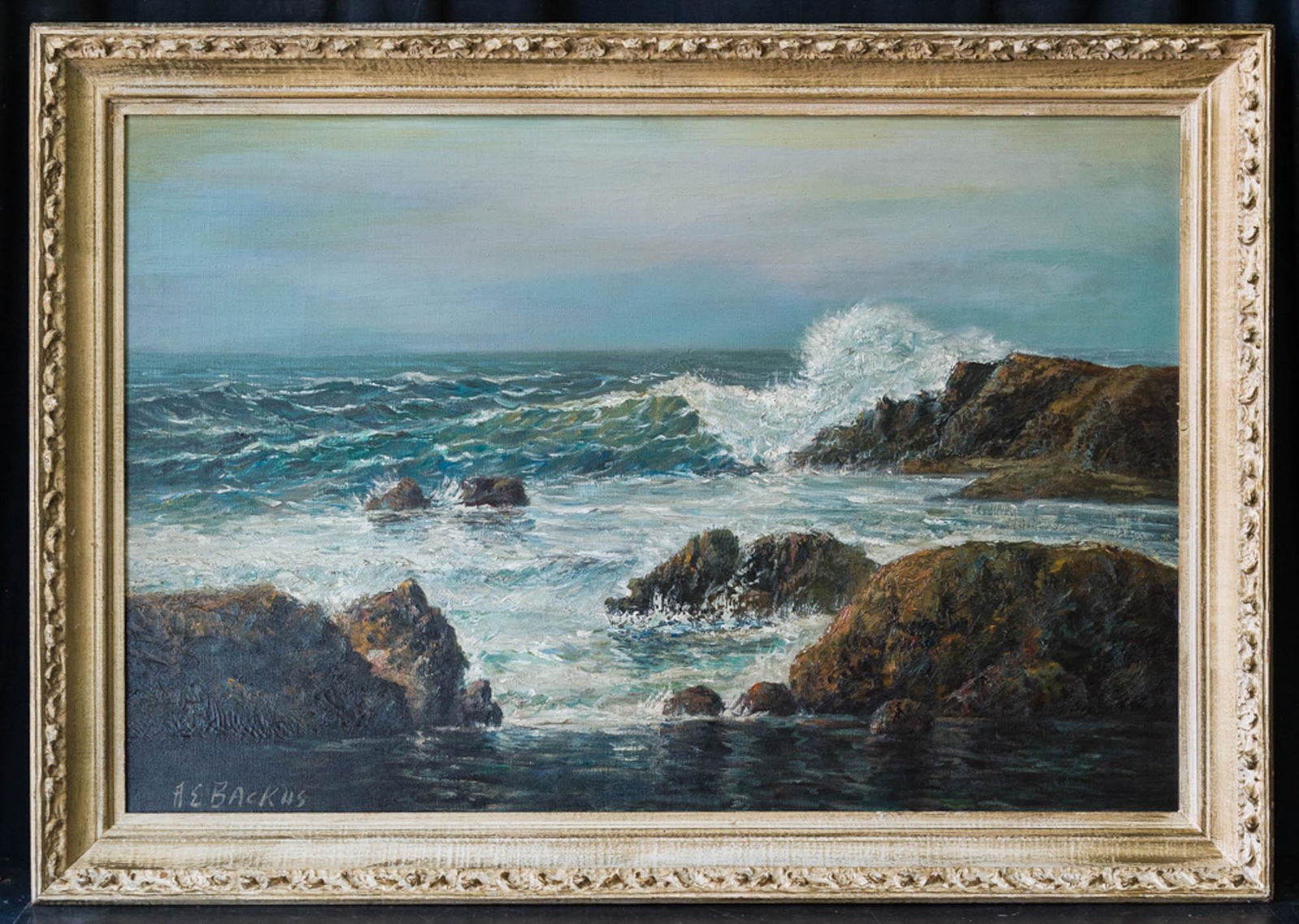 Albert Ernest (Beanie) Backus (1906 - 1990) Florida: Title: Ocean View Medium: Oil on canvas Style: Impressionist Size: 24" x 36" Frame Size: 29" x 41" Age: 1950s Condition: Good, no damage seen good condition for its age. Artist: Albert Ernest (Beanie)