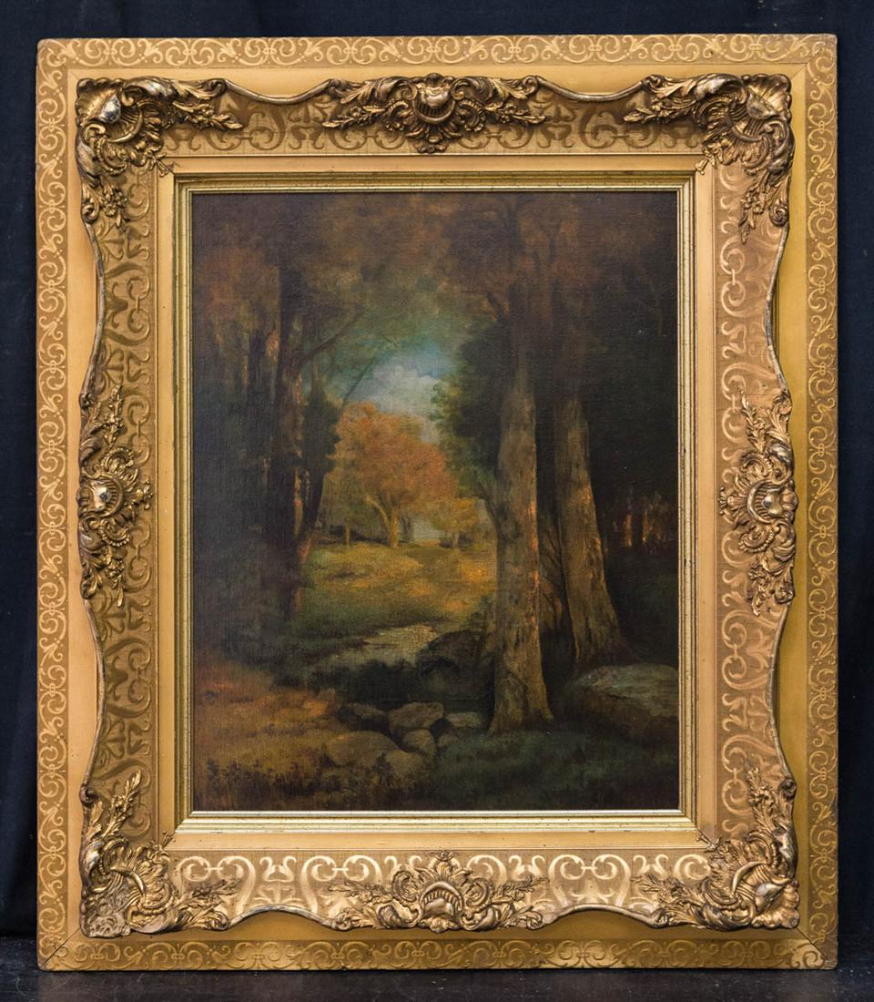 George Inness (1825 - 1894) NY/MA Artist Oil: Title: Forest Scene Medium: Oil on canvas board Style: Realist Size: 19" x 15" Frame Size: 28" x 24" Age: 1890s Condition: Good, no damage seen good condition for its age. Artist: George Inness (1825