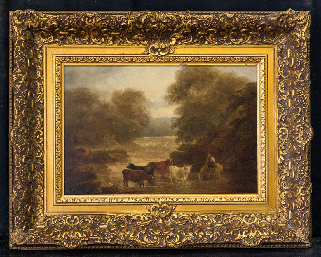 Edward Mitchell Bannister (1828 - 1901) MA/Canada: Title: Cows In River Medium: Oil on board Style: Traditional Size: 11" x 16" Frame Size: 19" x 24" Age: 1880s Condition: Good, no damage seen good condition for its age. Artist: Edward Mitchell Bannis