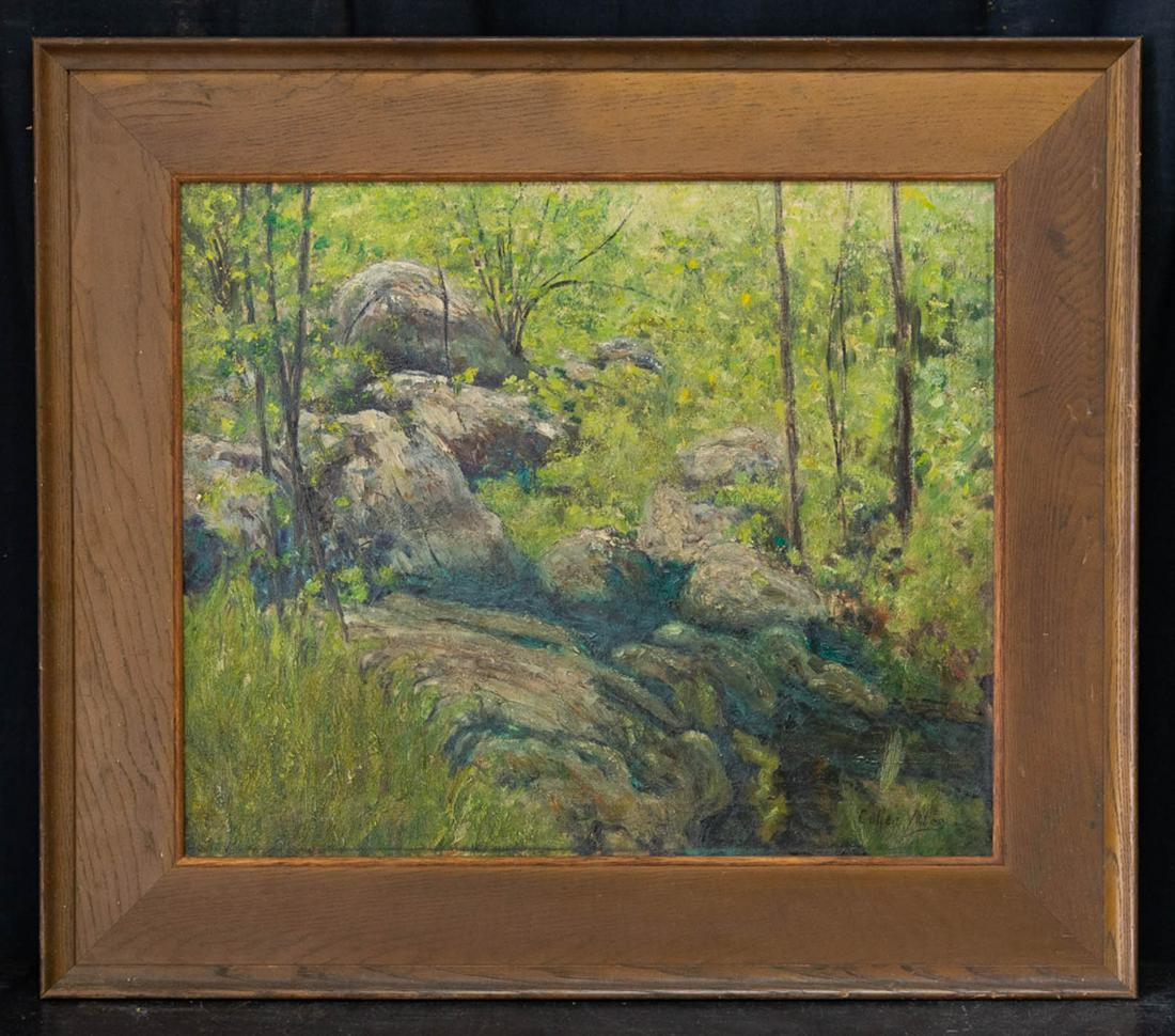 Cullen Yates (1866 - 1945) New York/Pennsylvania: Title: Stream Scene Medium: Oil on canvas Style: Impressionist Size: 20" x 24" Frame Size: 28" x 32" Age:1930 Condition: Good, no damage seen good condition for its age. Artist: Cullen Yates (1866 - 1