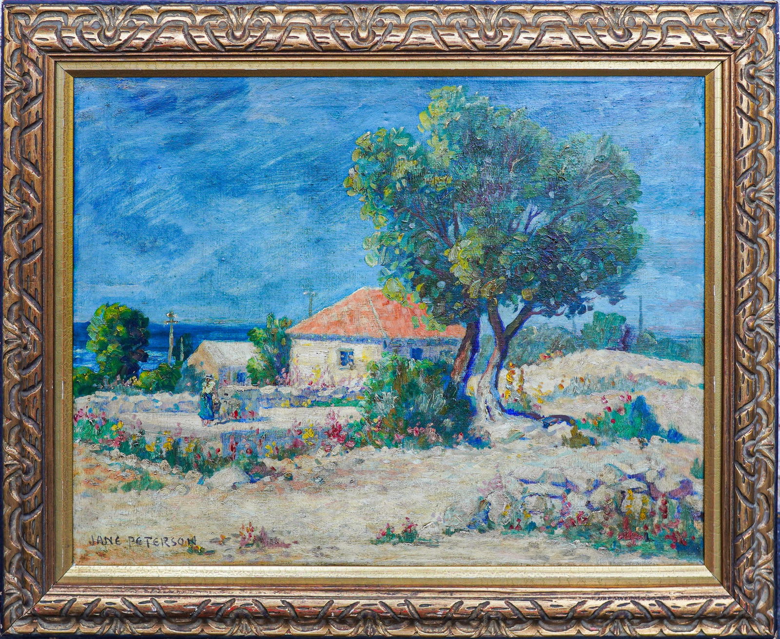 Jane Peterson (1876 - 1965) American: Jane Peterson (1876 - 1965)Seaside ViewOil / Canvas.Signed lower left.Sight: 20" x 26"Overall: 26" x 32"Good overall condition.Born Jennie Christine in Elgin, Illinois, she officially changed her name