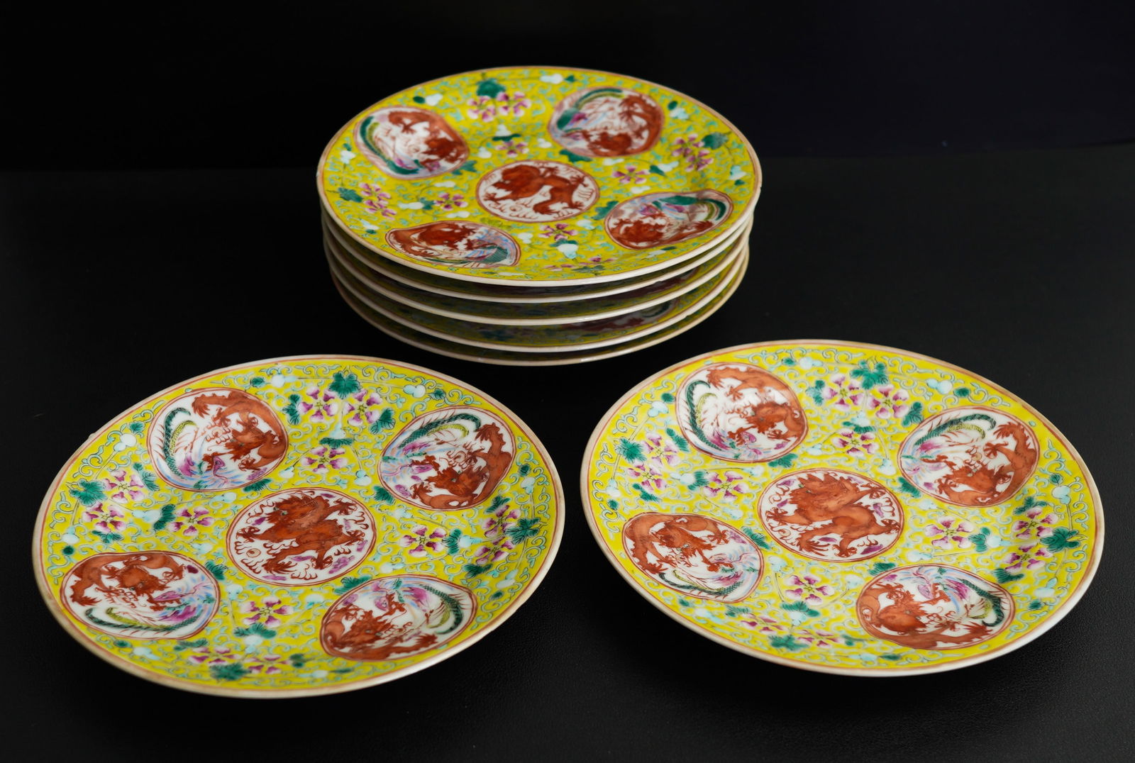 Set of 7 Chinese yellow-ground famille rose plates, Guangxu period, Qing dynasty (1 of 9)