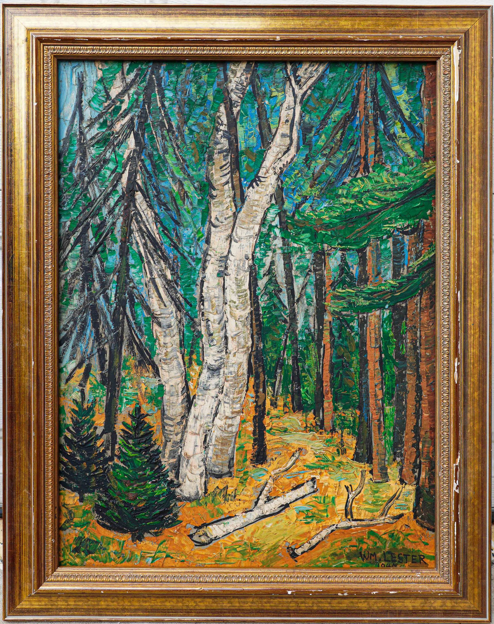 William Lewis Lester (1910 - 1991) American: William Lewis Lester (1910 - 1991). View of the Woods. Oil / board. Signed lower right, dated 1940 (Partially hidden under frame). Sight: 24" x 18" Overall: 29" x 23". Good overall condition. Tri-Stat