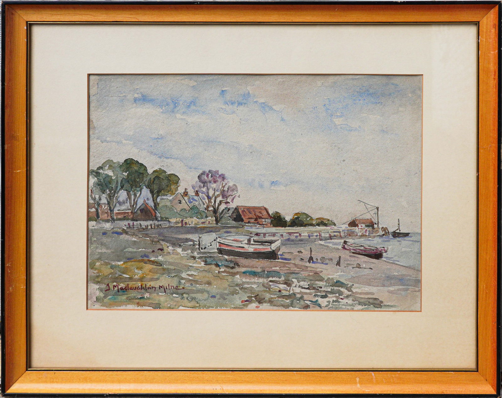 John Maclaughlan Milne (1885 - 1957) Scotland, France: John Maclaughlan Milne (1885 - 1957). "Port Scene". Watercolor / Paper. Signed lower left. Sight: 11" x 16" Overall: 18" x 23". Good overall condition. Tri-State area in house truck delivery available