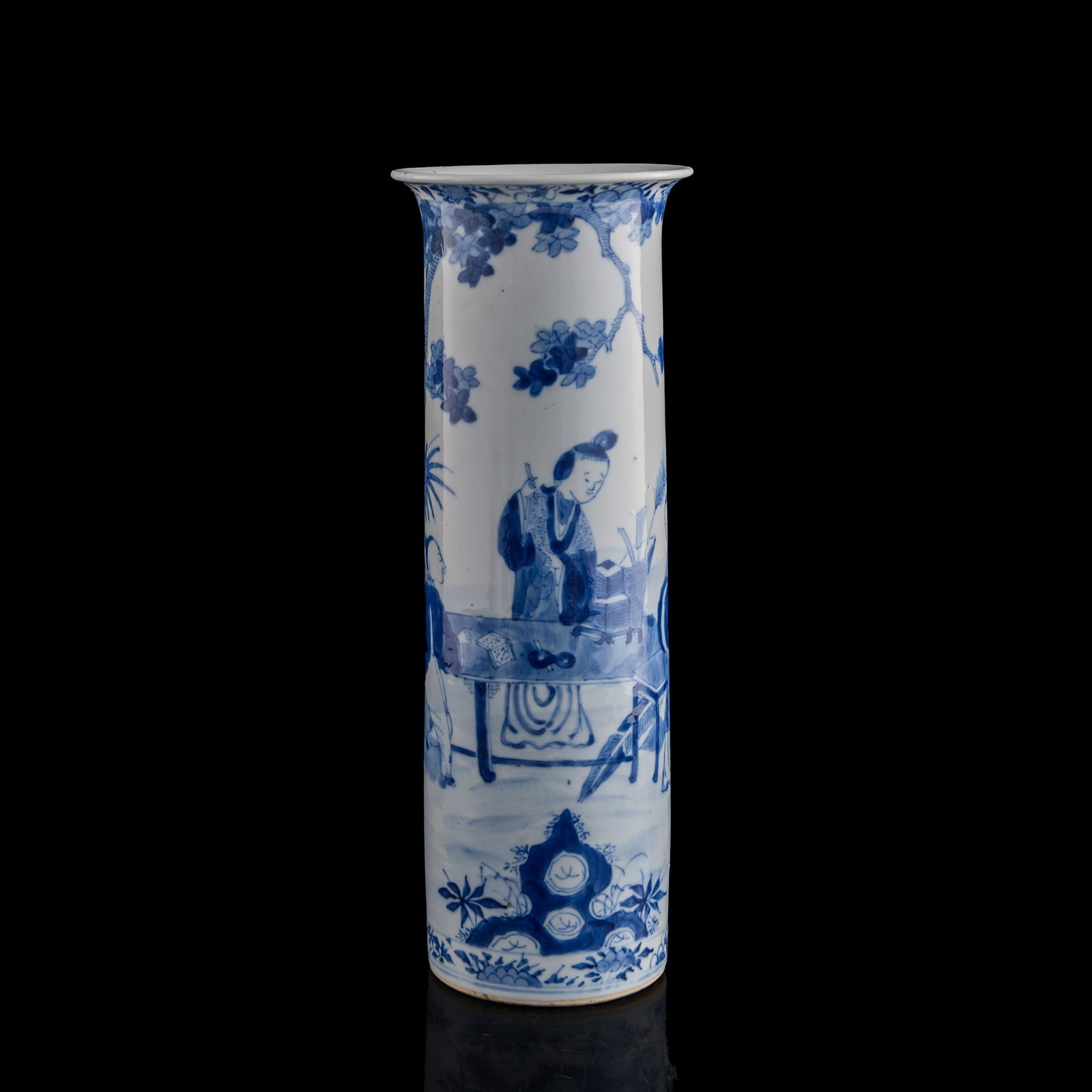 A Chinese blue and white 'figural' gu vase, 19th century: Size: H: 14 1/4, Dia: 5 1/8 in. Description: A Chinese blue and white 'figural' gu vase, 19th century, With four-character mark to underside. Tri-State area in house truck delivery available. In house