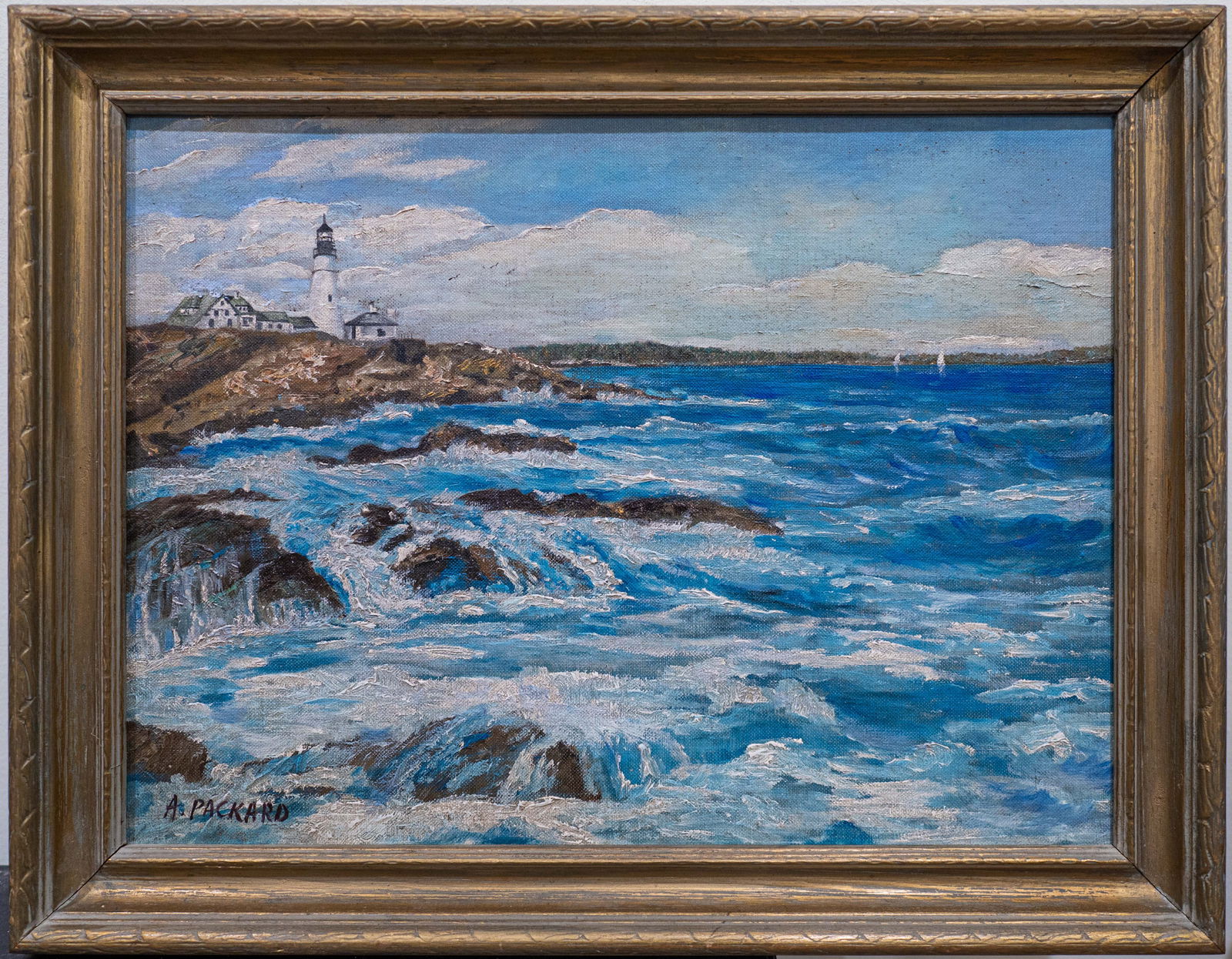 Portland Head Lighthouse, Anne Packard (Born 1933), Oil on Board: Packard (born 1933) is widely recognized for her atmospheric seascape paintings of the New England coast, particularly Cape Cod and Provincetown. The painting style and subject matter—turbulent ocea