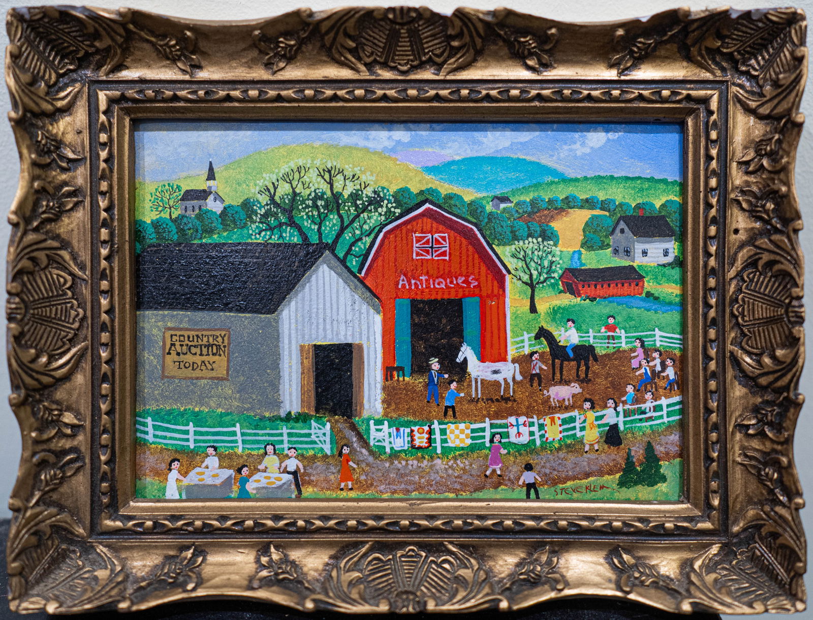 American folk artist Steven Klein "Country Auction": Steven Klein is an accomplished professional artist known for his "primitive or naïve style" which blends early American folk art with traditional realism. His work features bright, vivid colors, sim