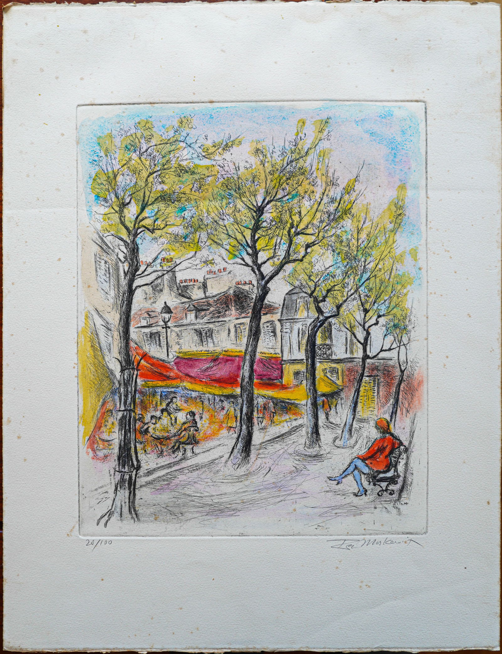 Hand-colored etching "Montmartre, Place du Tertre" 20/100: Hand-colored etching "Montmartre, Place du Tertre" 20/100. Overall size: 22" x 17". In-House shipping costs around $15 (Must choose "buyer-arranged shipping" option), will combine shipping, all prints