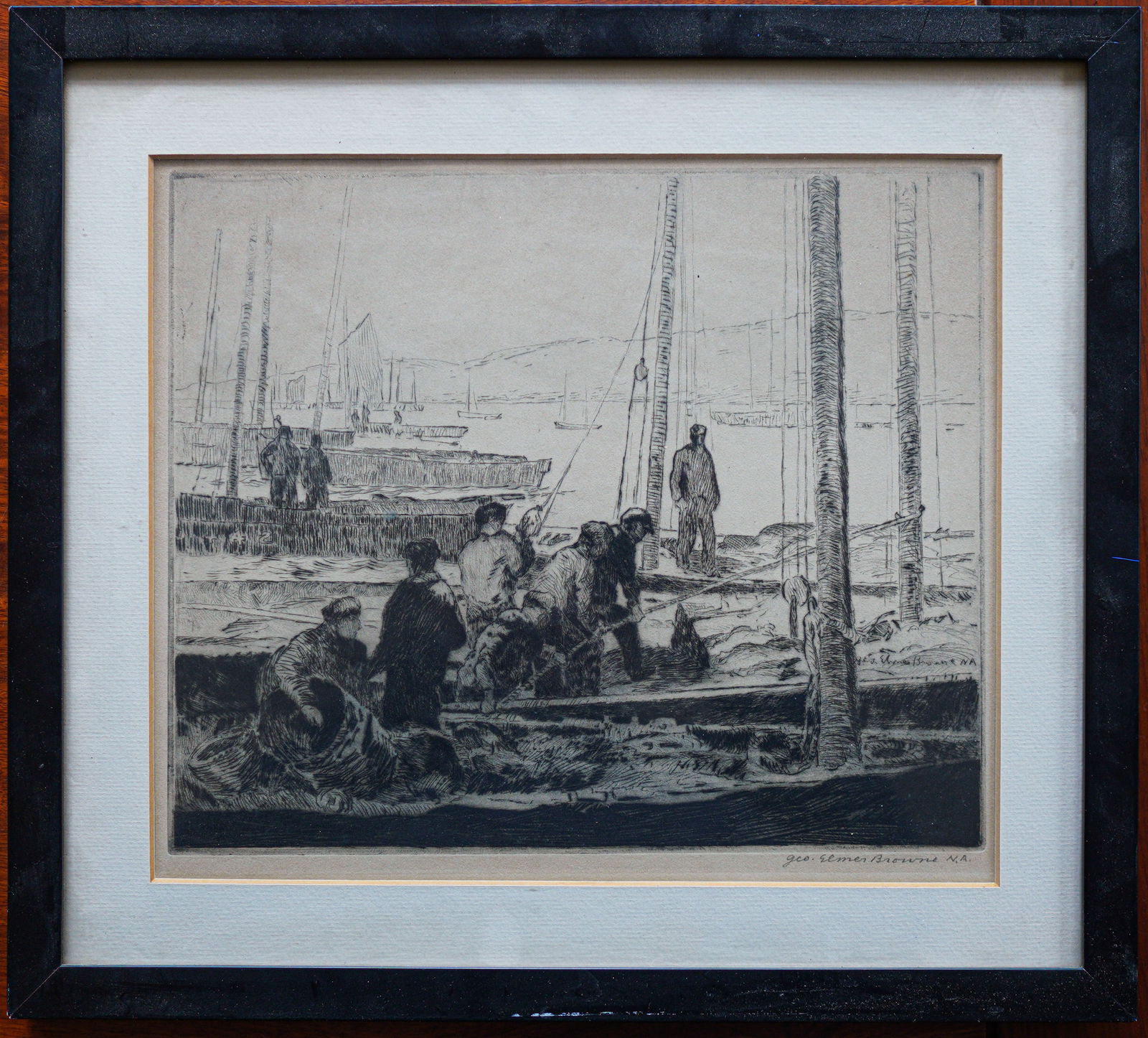 Drypoint etching by American artist George Elmer Browne (1871-1946): Drypoint etching by American artist George Elmer Browne (1871-1946) "Sardine Fleet or Sardine Fleet at Anchor". The etching depicts men working among boats and docks, capturing a marine genre scene. P