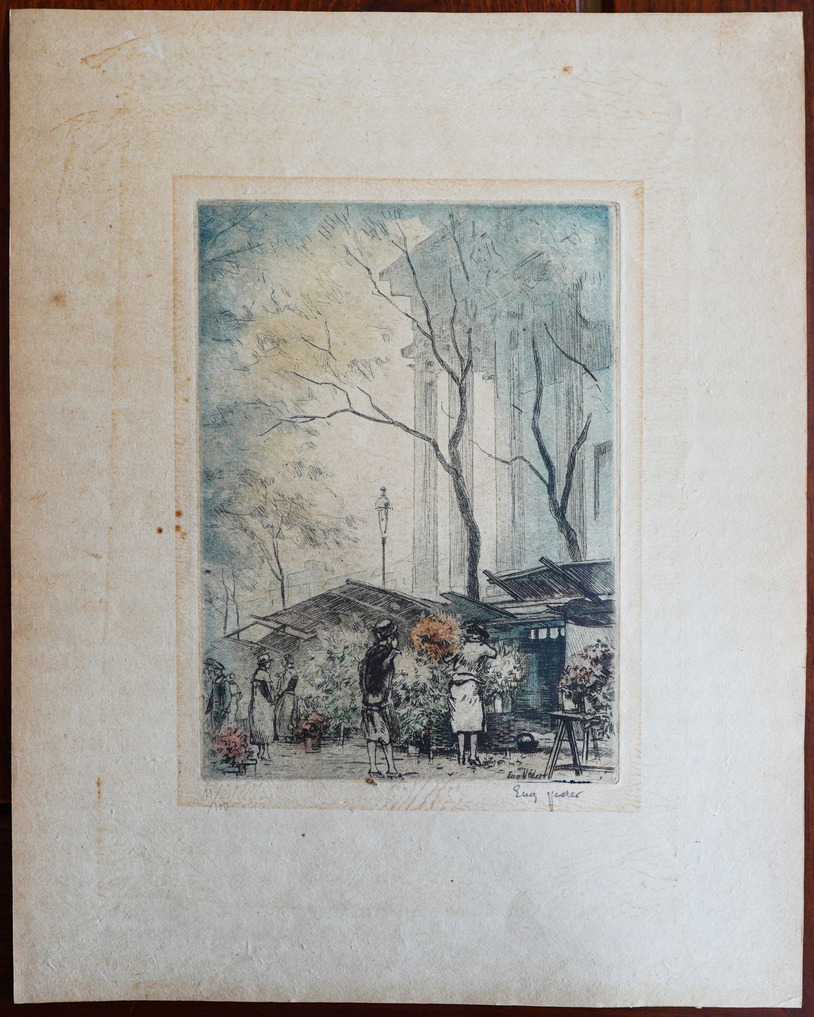 Pencil Signed Hand Colored Etching by the French artist Eugène Louis Véder: Paris flower market. Hand colored etching, pencil signed Lower Left. Overall size: 12" x 10". In-House shipping costs around $15 (Must choose "buyer-arranged shipping" option), will combine shipping,