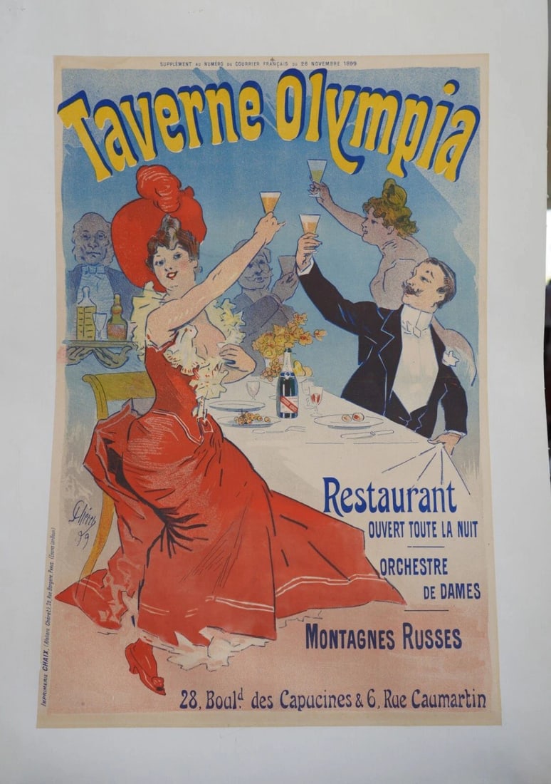 Antique advertising poster for the Taverne Olympia restaurant, created by the artist Jules Chéret: Antique advertising poster for the Taverne Olympia restaurant, created by the artist Jules Chéret in 1899. The poster is an example of the Art Nouveau style and was part of a series of prints called