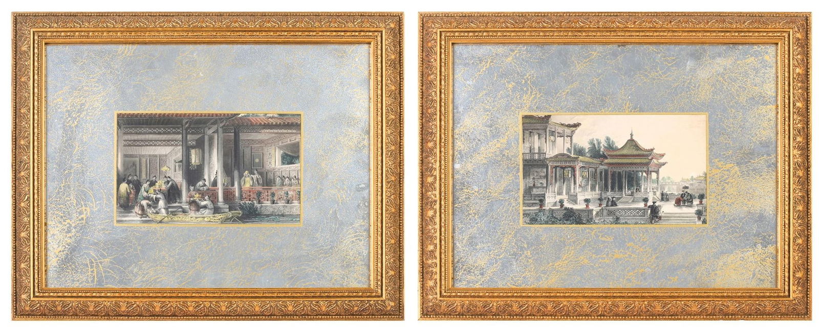 THOMAS ALLOM (1804 - 1872): hand-coloured engravings of scenes depicting Chinese daily life, published by Fisher, Son & Company, London and Paris, each set in a mirrored mount decorated with gilt and housed in a glazed giltwood