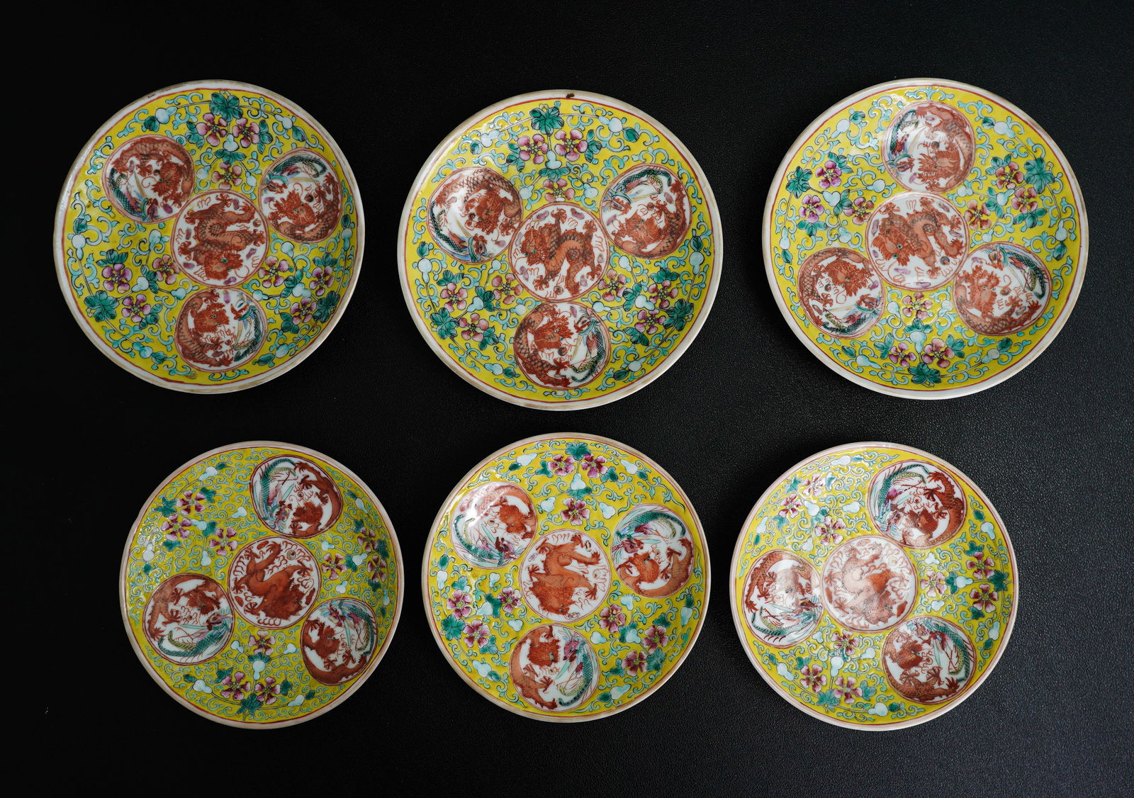 Group of 6 Chinese yellow-ground famille rose plates, Guangxu period, Qing dynasty (1 of 14)
