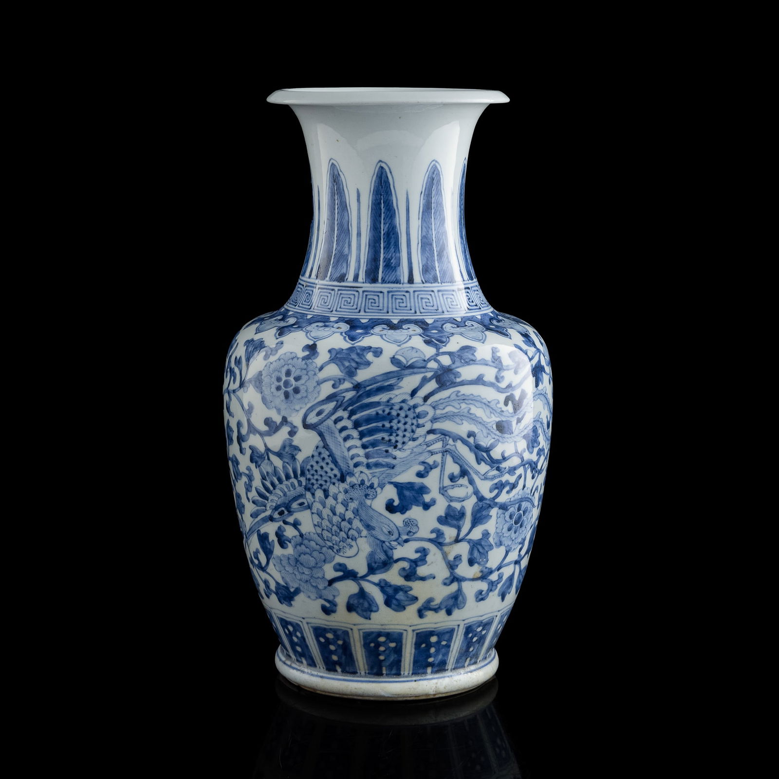 A Chinese blue and white 'phoenix' vase, early 19th century: Size: H: 16 1/4, Dia: 9 1/2 in. Description: A Chinese blue and white 'phoenix' vase, early 19th century. Tri-State area in house truck delivery available. In house shipping with UPS will cost