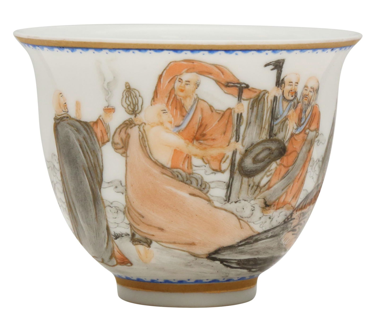 A CHINESE SEMI-EGGSHELL ENAMELLED 'FIGURAL' CUP: Size: 3" x 3" x 2". Description: A CHINESE SEMI-EGGSHELL ENAMELLED 'FIGURAL' CUP Republic Period, Qianlong mark. Thinly potted with deep rounded sides rising from a short foot to an everted rim, the