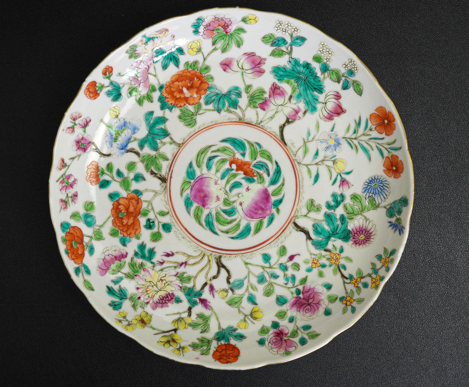 A CHINESE FAMILLE-ROSE 'PEACHES AND BLOSSOMS' DISH, Qing Dynasty, Jiaqing mark and of the period (1 of 9)