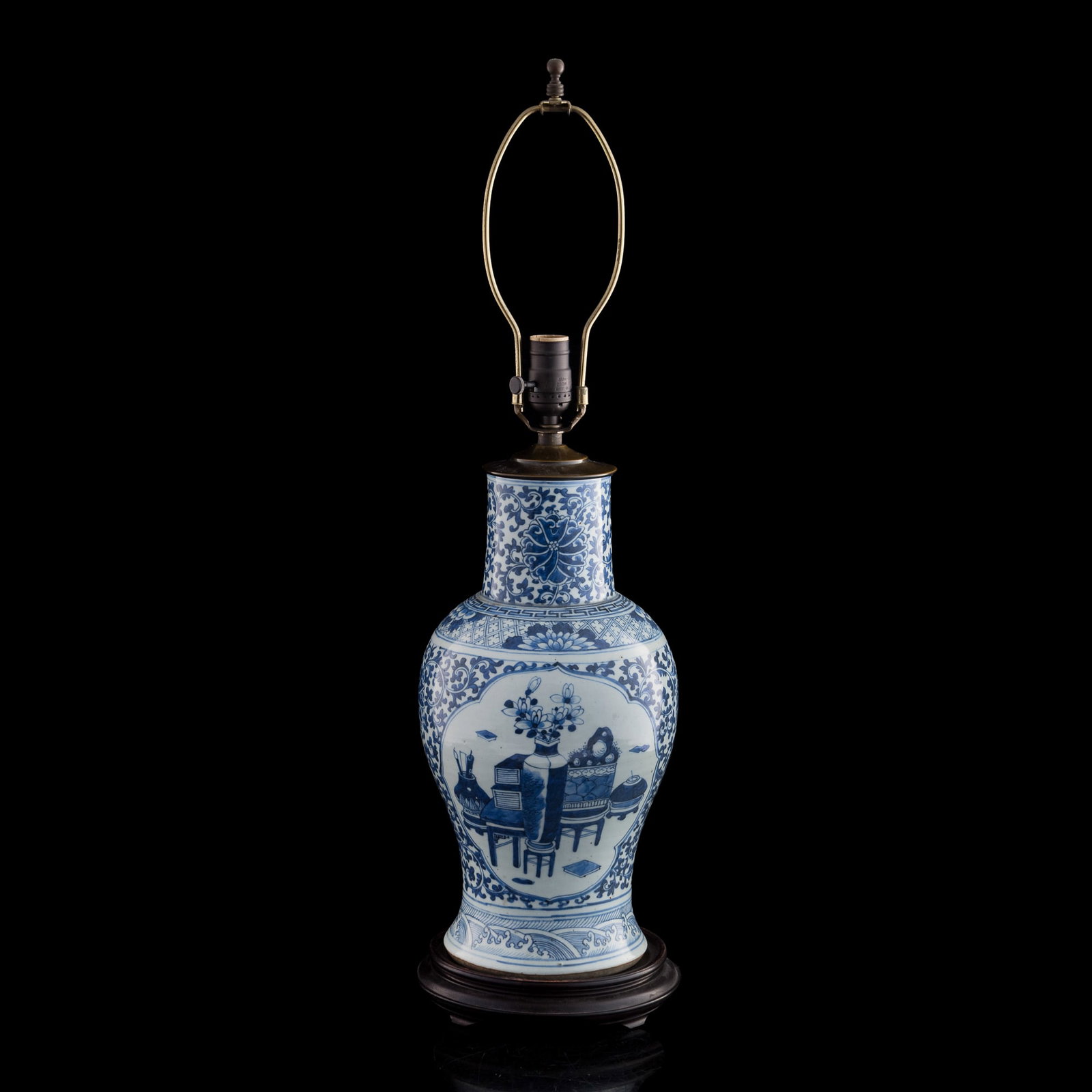 A Chinese blue and white 'hundred antiques' jar lamp, 19th century: Size: H: 29 1/2, Dia: 8 in. Description: A Chinese blue and white 'hundred antiques' jar lamp, 19th century. Tri-State area in house truck delivery available. In house shipping with UPS will cost