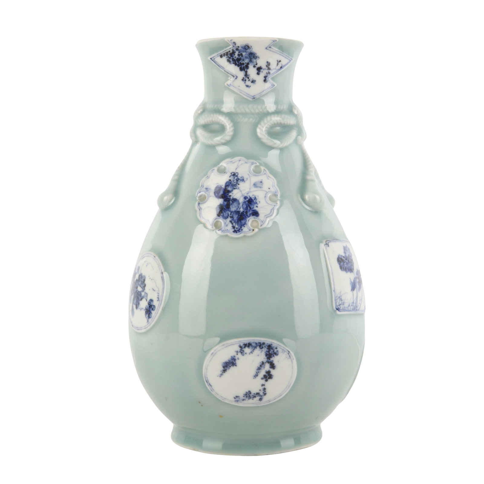 A Japanese blue and white celadon-ground vase, Taisho / early Showa period: The pear-shaped body with moulded panel painted with foliate sprays in underglaze-blue, the reduced neck decorated with a moulded rope design Size:(30.5cm diameter) . Good overall condition. Tri-State