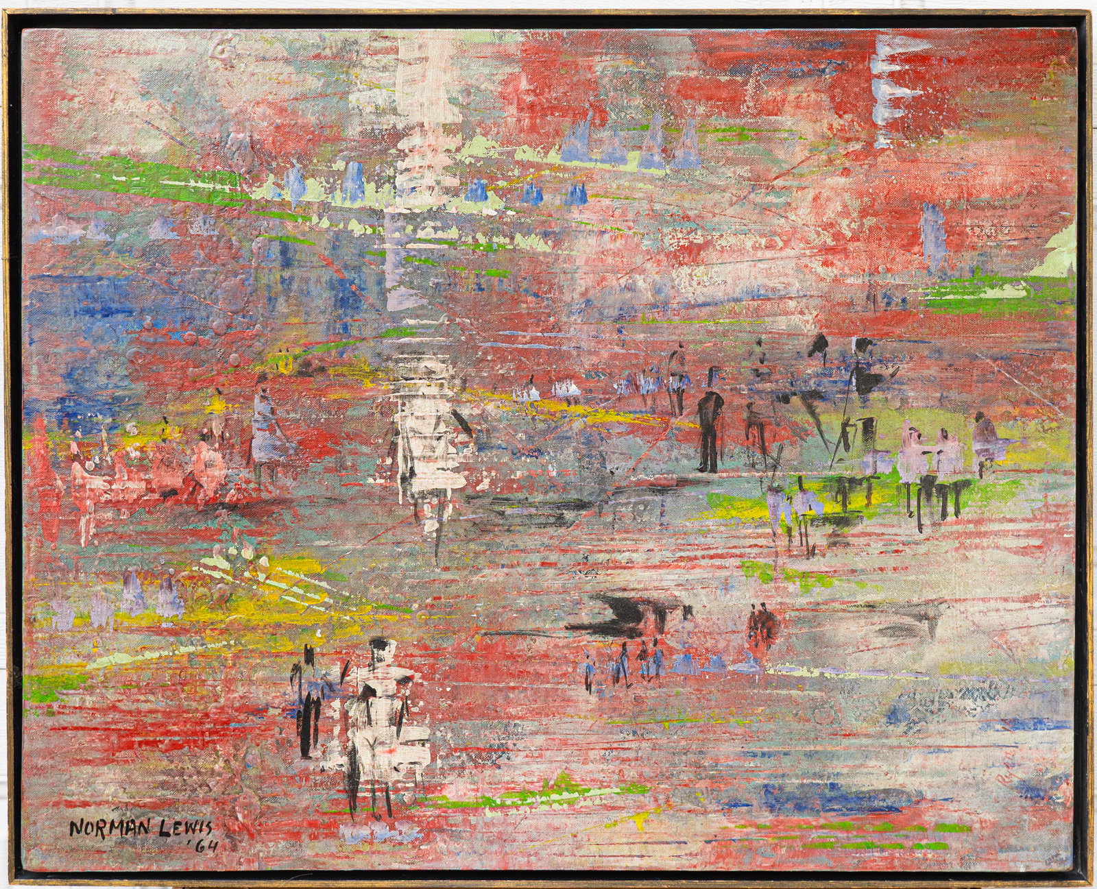 Norman Wilfred Lewis 1909 Harlem, New York - 1979 Oil / Canvas: Sight: 24 x 20 in. Overall with frame: 25 x 31 in. Signed lower left, dated 64. Tri-State area in house truck delivery available. In house shipping with UPS will cost around $100-$150. Born in New Yor