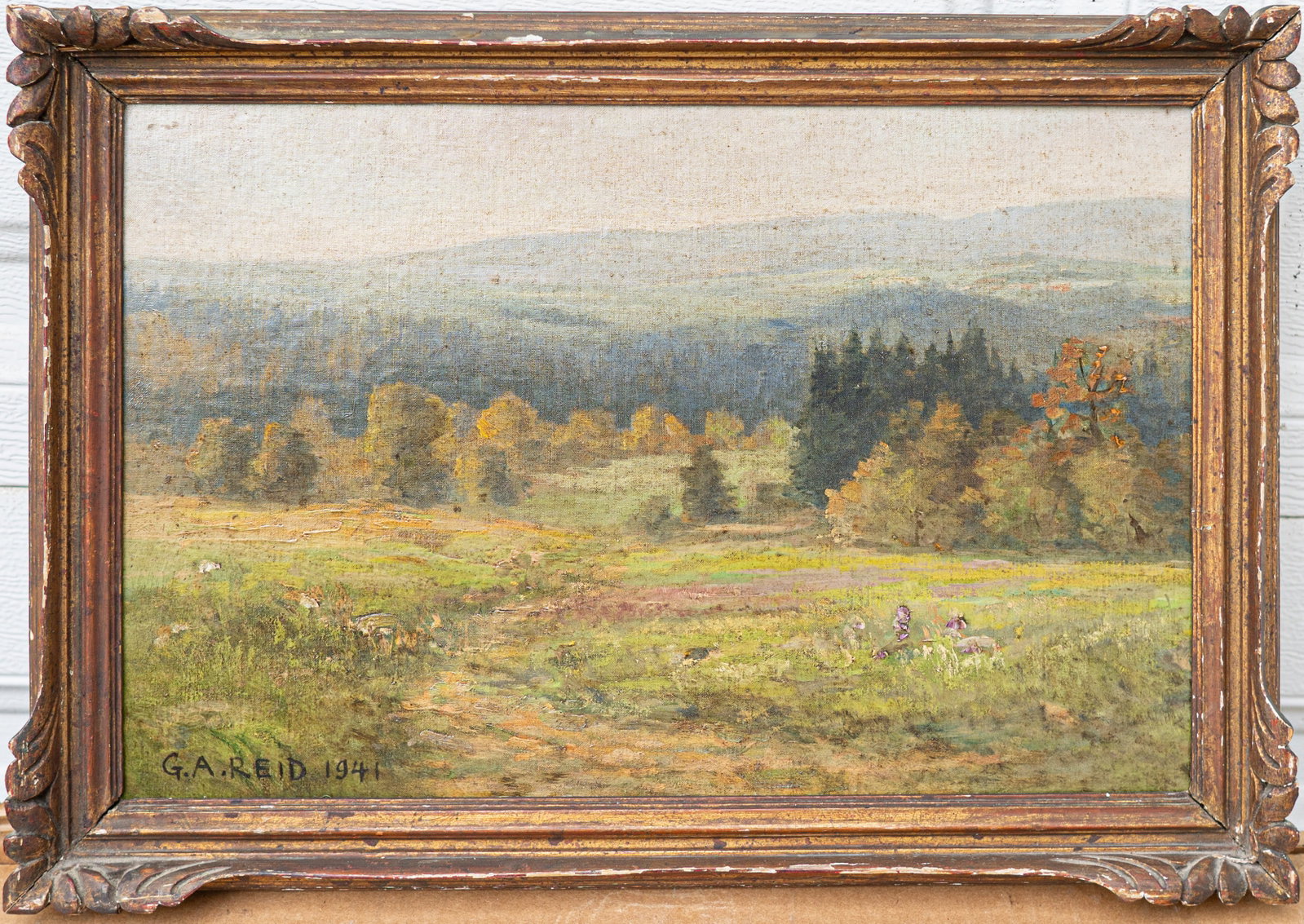 George Reid 1860 Wingham, Ontario, Canada - 1947 Oil / Canvas: Sight: 11 x 16 in. Overall with frame: 13 x 19 in. Signed lower left, dated 1941. Tri-State area in house truck delivery available. In house shipping with UPS will cost around $50-$80. George Agnew Re