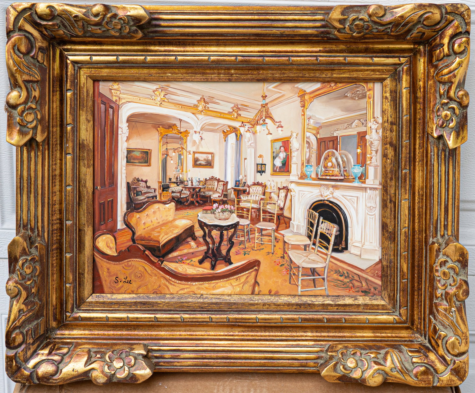 S H Lee Born 1944 Living Room Interior Oil / Board: Sight: 12 x 16 in. Overall with frame: 20 x 24 in. Signed lower left. Tri-State area in house truck delivery available. In house shipping with UPS will cost around $50-$80.
