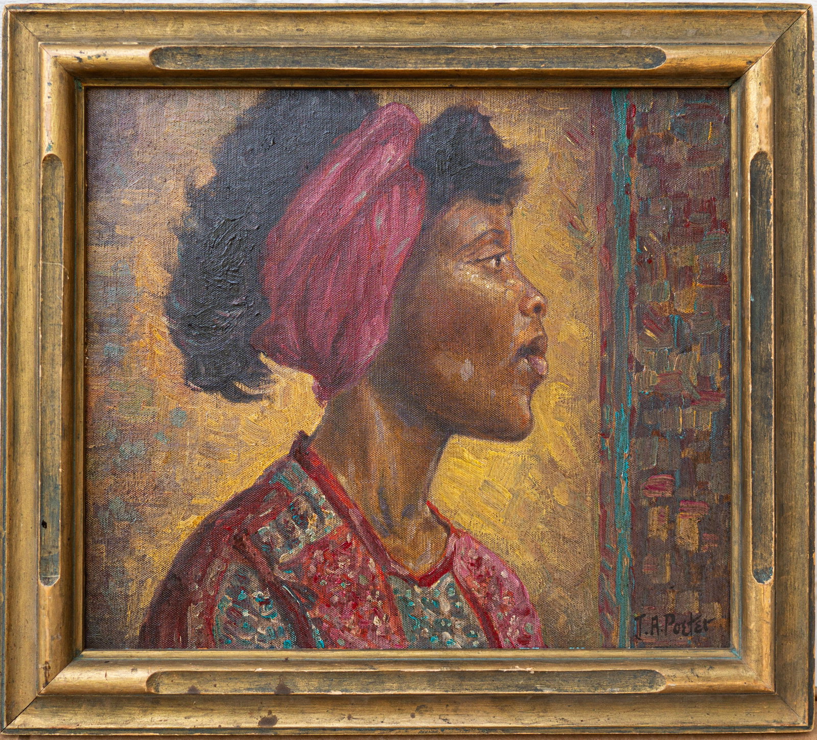 James Amos Porter 1905 Baltimore, Maryland - 1970 Washington, D.C Oil / Canvas: Sight: 14 x 16 in. Overall with frame: 17 1/2 x 19 1/2 in. Signed lower right. Tri-State area in house truck delivery available. In house shipping with UPS will cost around $40-$60. JAMES AMOS PORTER: