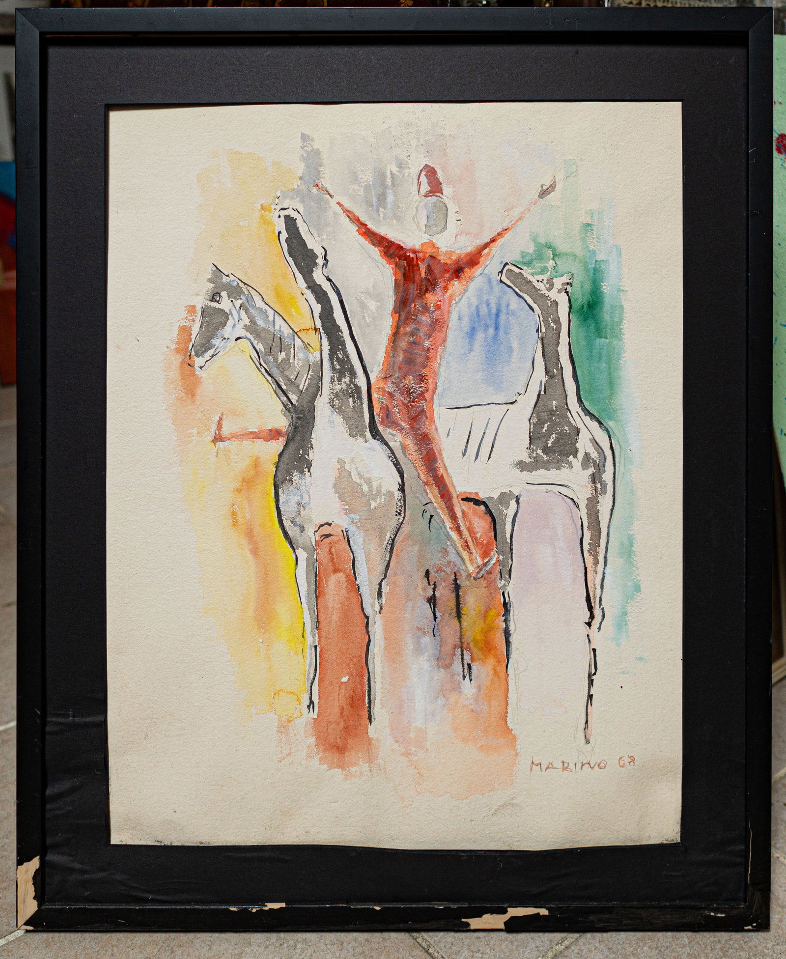 Watercolor painting: Signed and Dated 68, overall size 25 x 19 in, affordable in house shipping available upon request.