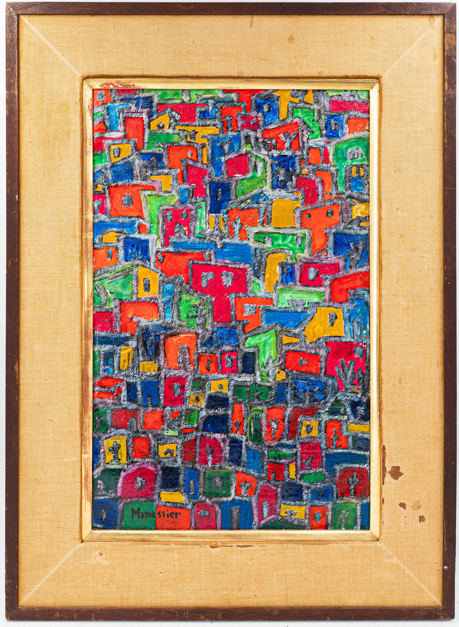 Modernist Oil on Canvas Signed Manessier: Modernist Oil on Canvas Signed Manessier, overall size 20 x 12 in, affordable in house shipping available upon request.