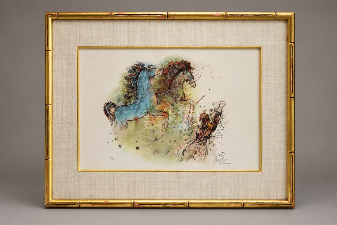 Horses and Riders, color lithograph on paper: Painting size: [13 x 19 in] · Overall size: [20 x 25 in]Medium: color lithograph on paper. A lively composition of horses and riders in blue, rose and brown. A pencil signature and edition number app