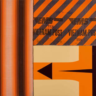 Ronald de Bloeme (Leeuwarden 1971): Ronald de Bloeme (Leeuwarden 1971) "Untitled" (Postes Vietnam) Signed, titled and dated 2002 Berlin on the reverse Lacquer, mail bag, awning fabric and yarn, 120.2 x 120.1 cm Provenance: - Galerie Nou