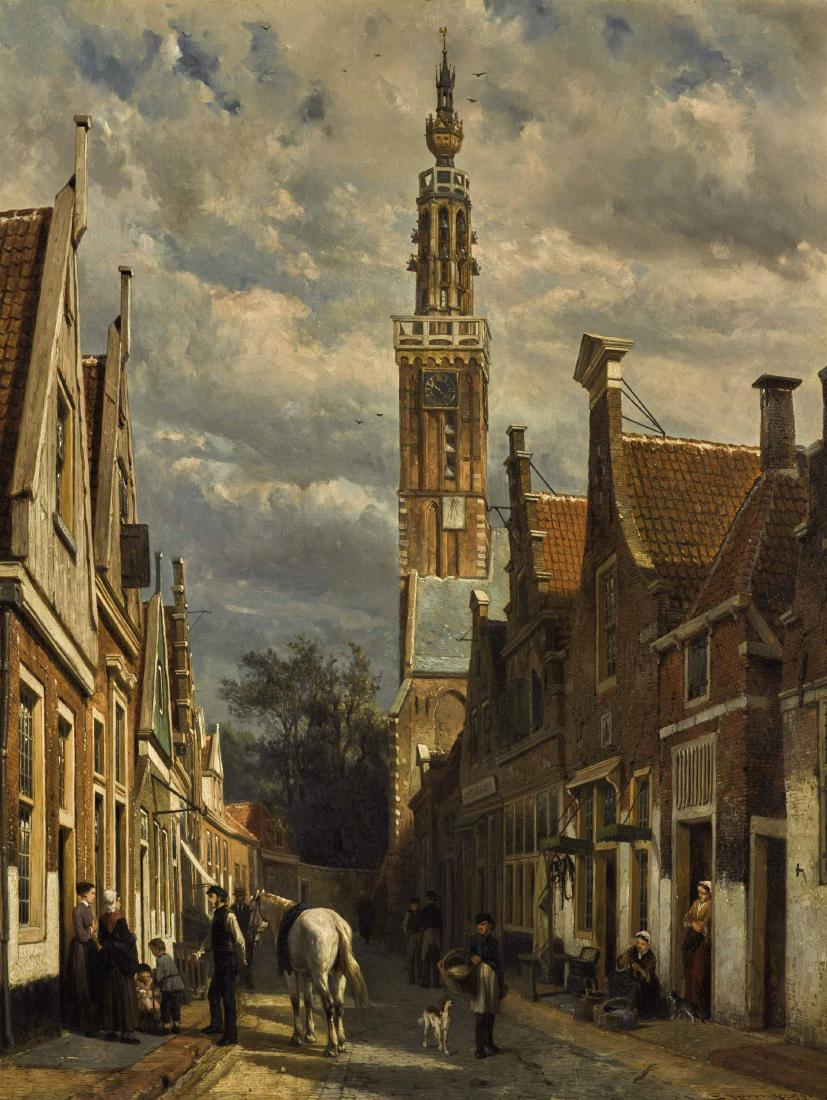 Cornelis Springer (Amsterdam 1817 - Hilversum 1891): The Carillon Tower in Edam Signed and dated 79 l.r. With artist's seal on the reverse Oil on panel, 62 x 48 cm Provenance: - Collection G.H. Matthijssen, Leeuwarden (acquired in 1880) - Collection Fet