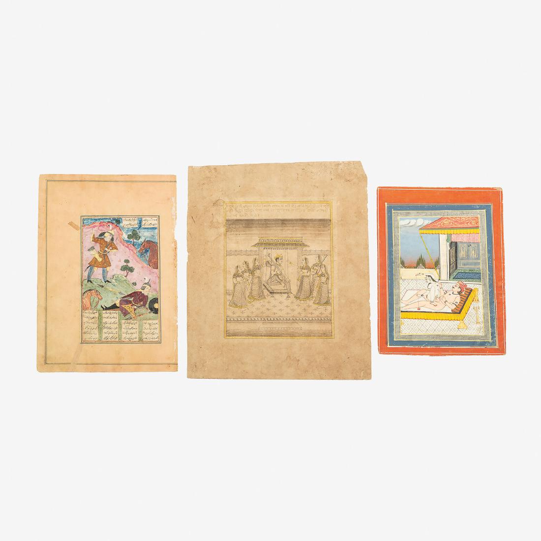 An illustrated folio from a Safavid Shahnaa (book of: Iran, 17th century; North India, possibly circa 1800; India, possibly 17th/18th century A hero lies on the ground struck by an arrow shot by another soldier, their two horses watching, with four colum