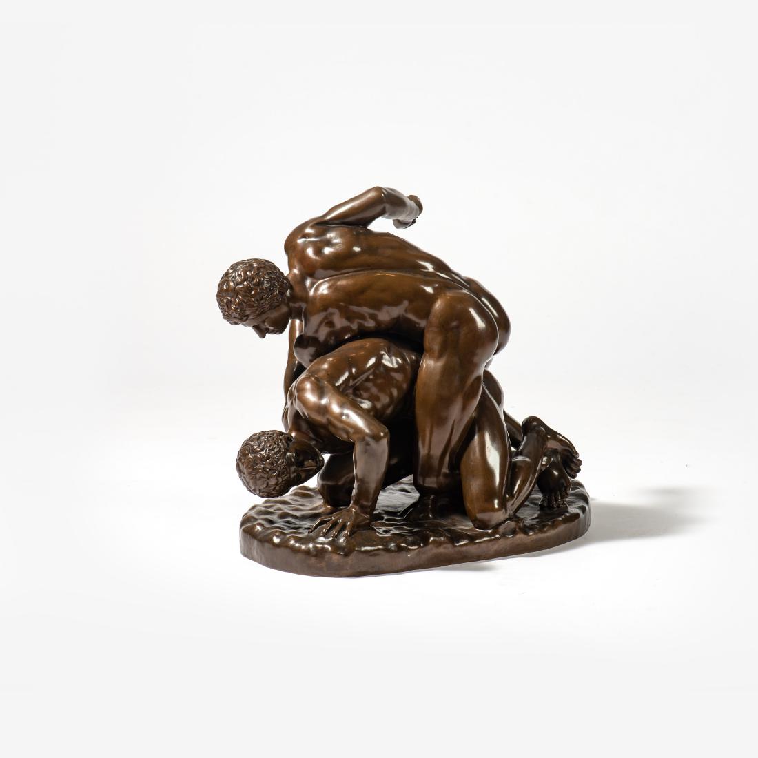A bronze sculpture of two wrestlers by Jef Lambeaux: 1852-1908 Inscribed F. Barbedienne fondeur., stamped Reduction Mecanique A. Collas and inscribed Jef Lambeaux H. 48.2 cm Provenance: Collection H.J. van Dam, Amsterdam
