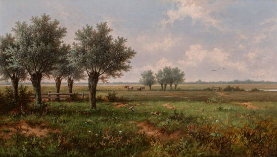 Hendrik Pieter Koekkoek (Hilversum 1843 - Great Britain: Meadows in Holland Signed lower right Signed and titled on the reverse Oil on canvas, 35.9 x 61.2 cm Provenance: - Kunsthandel Borzo, Den Bosch (1976) (incl. invoice) - Private collection, the Netherl