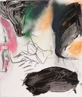 Ger Lataster (Schaesberg 1920 - Amsterdam 2012): UntitledSigned and dated '88 lower rightOil, spray paint and charcoal on canvas, 59.9 x 50.1Faults or imperfections are not recorded in the lot description. We encourage you to inspect the lots during