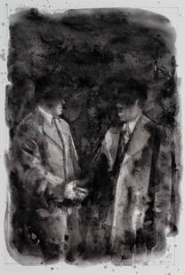 Hans op de Beeck (Turnhout 1969): Men Shaking HandsSigned and dated 2008 lower rightSigned, titled and dated 2008 on the reverseWatercolour and pencil on Hahnemuhle paper, 30 x 20 cmProvenance:- Galerie Ron Mandos, Amsterdam- Private