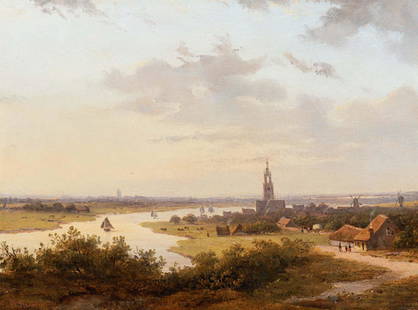 Jan Evert Morel II (Amsterdam 1835 - Weesp 1905): A Dutch Town by a RiverSigned and dated 51 lower leftOil on panel, 22 x 31 cmProvenance:- MacConnal-Mason & Son Ltd Fine Paintings, London- Private collection, ScotlandPlease note: condition reports a