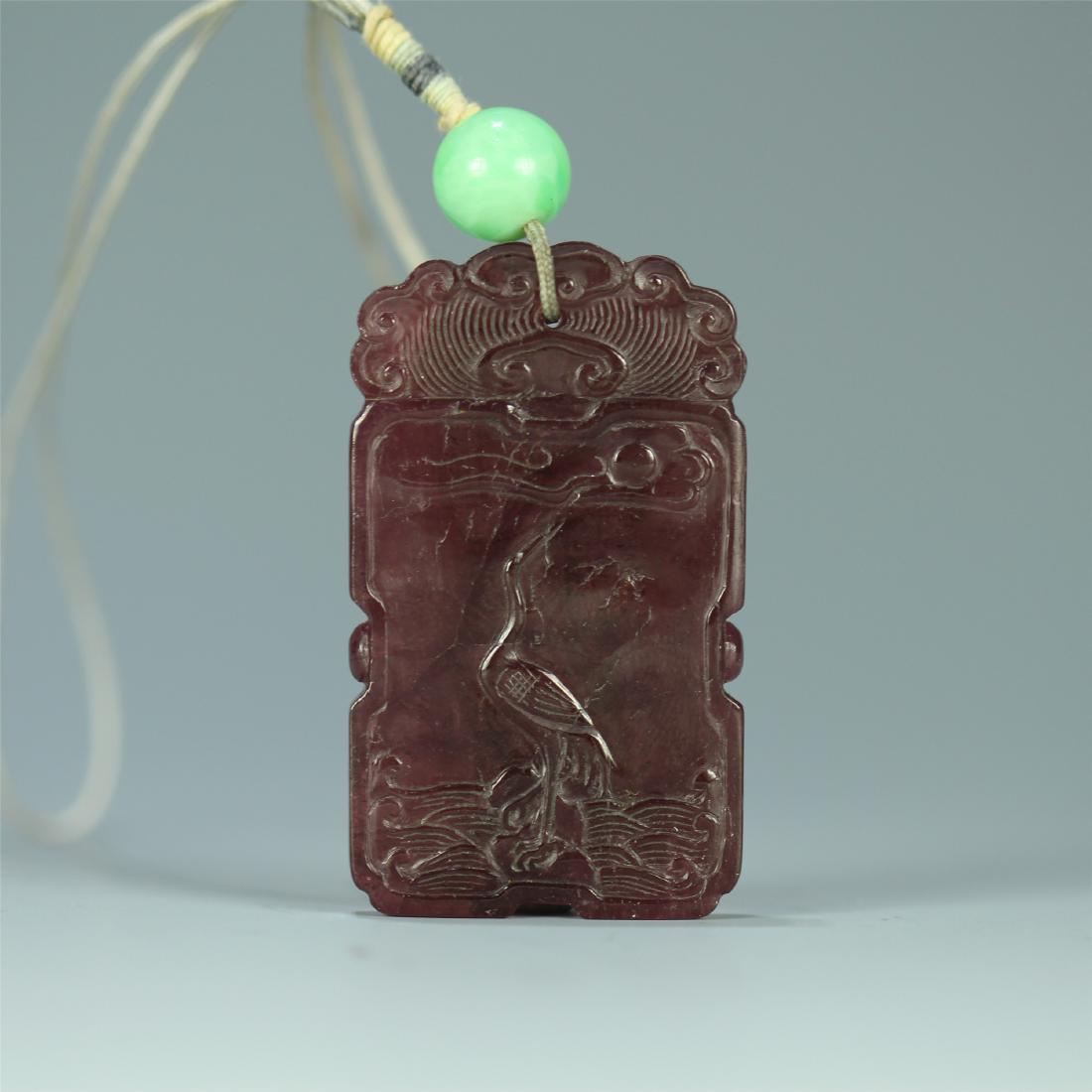 CHINESE TOURMALINE CARVED CRANE SQUARE PENDANT (1 of 10)