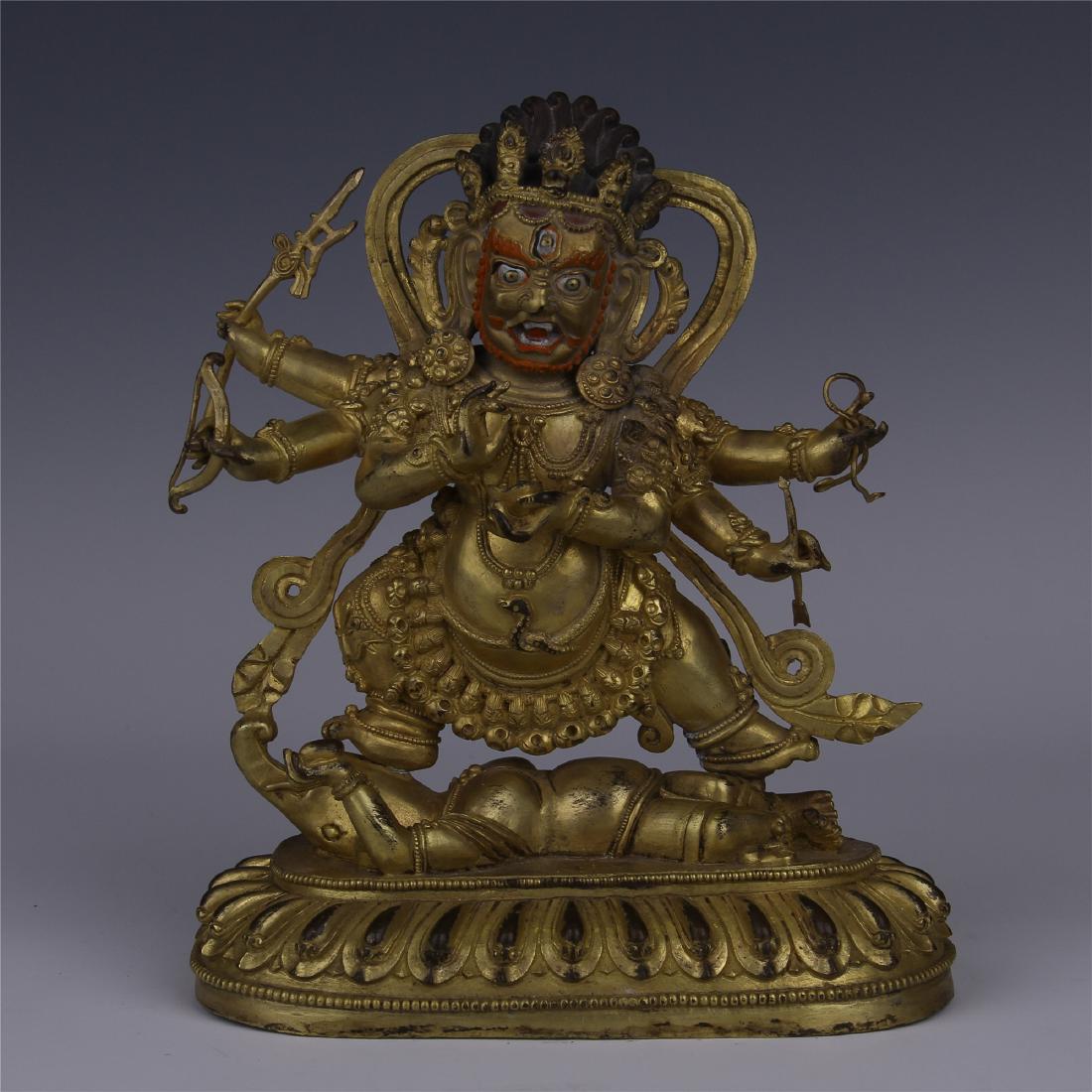 TIBETAN GILT BRONZE SIX ARM STANDING GUARDIAN (1 of 10)